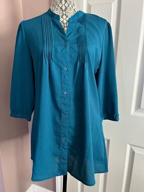 ALFRED SUNG Teal Pintuck Button-Front Blouse